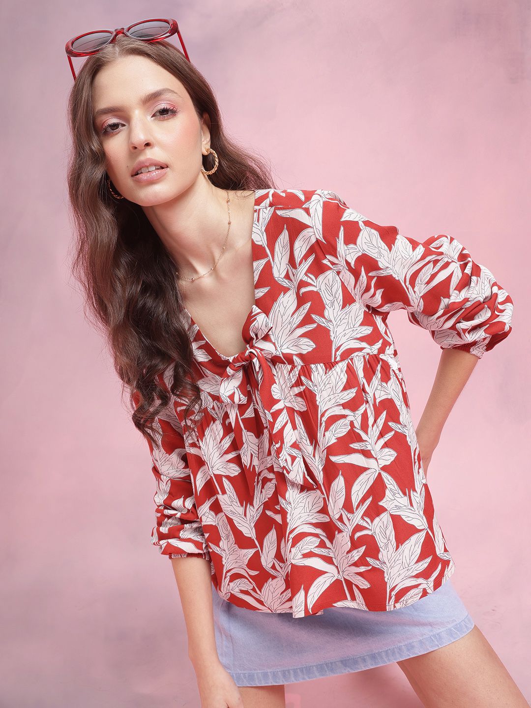 DressBerry Floral Print Tie-Up Neck Puff Sleeve Top