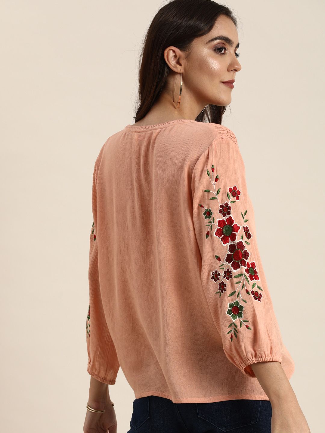 all about you Coral Pink Regular Top With Embroidery