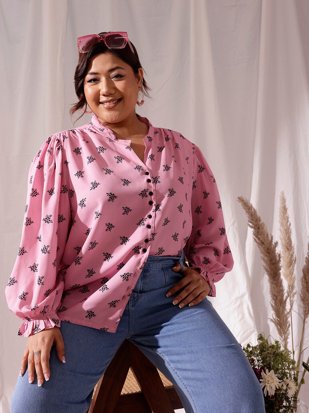 CURVY STREET Plus Size Comfort Floral Printed Mandarin Collar Casual Shirt