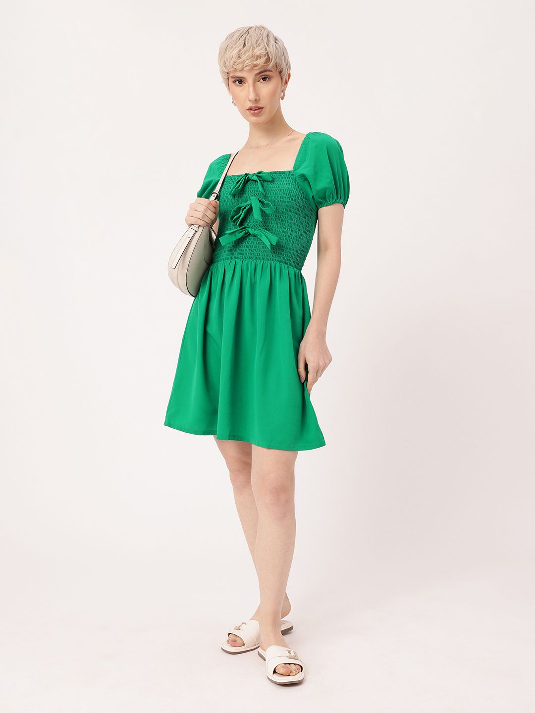 DressBerry Girly Glam Smocked Bows A-Line Mini Dress