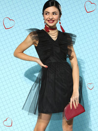 Athena Black Solid Tulle A-Line Dress