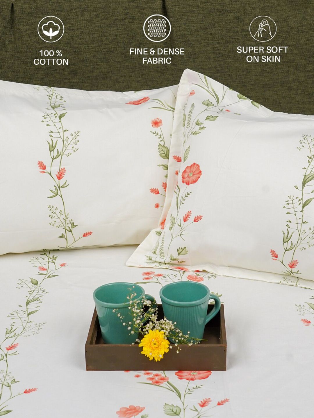 URBAN SPACE Peach-Coloured Printed Cotton 200 TC Queen Bedsheet With 2 Pillow Covers