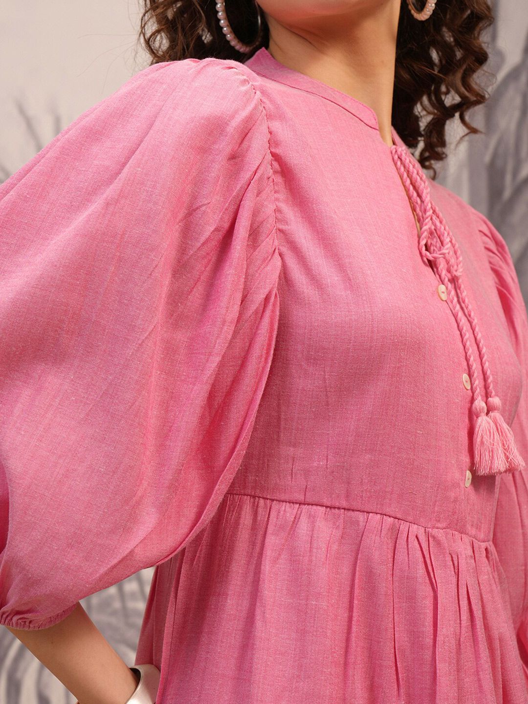 Vishudh Pink Tie-Up Neck Puff Sleeves A-Line Dress