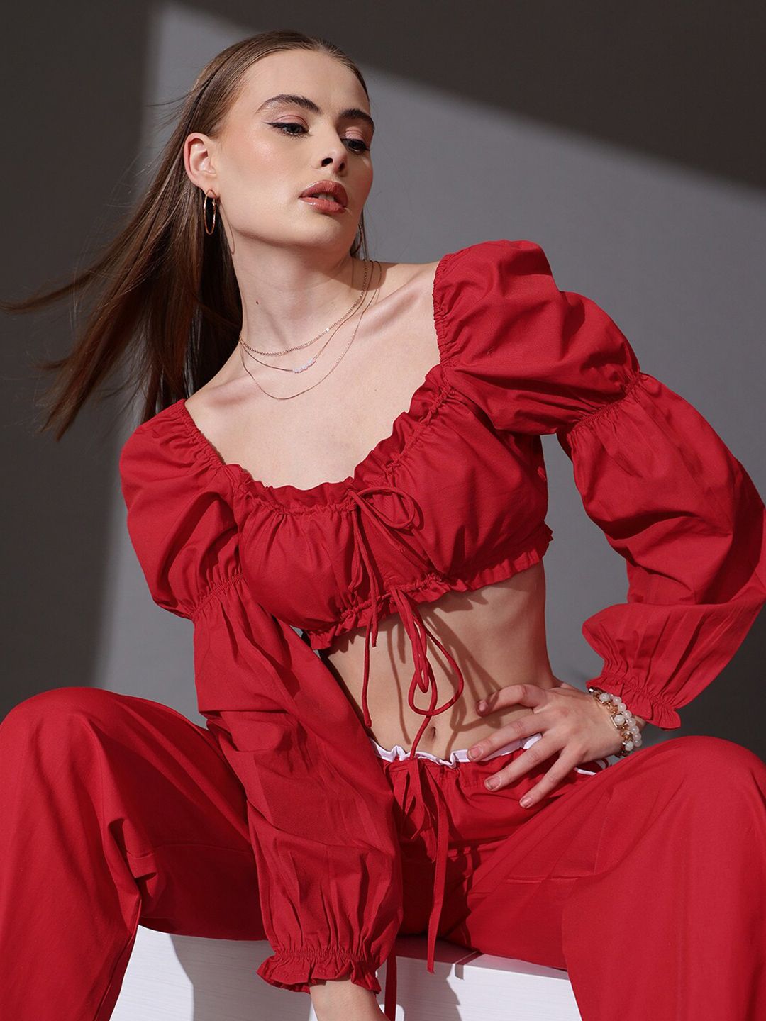 STREET 9 Sweetheart Neck Puff Sleeves Cotton Top