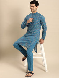 Anouk Men Blue Printed Pure Cotton Kurta with Trousers