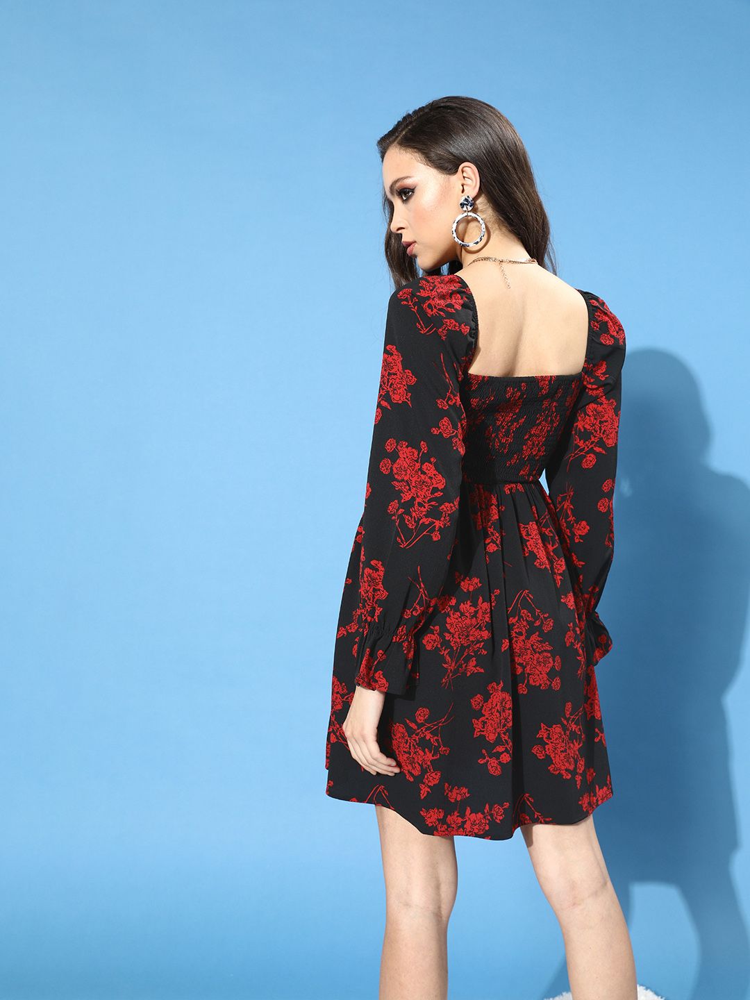 Berrylush Black & Red Floral Crepe A-Line Midi Dress