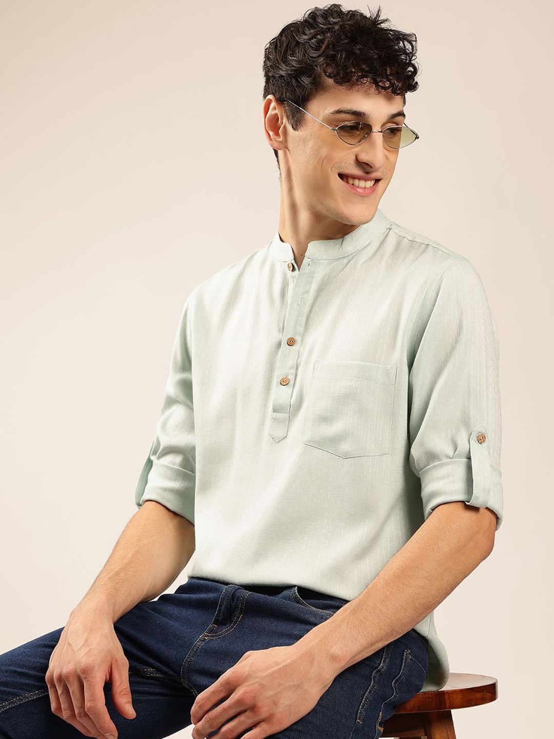 Anouk Solid Mandarin collar Pathani Short Kurta