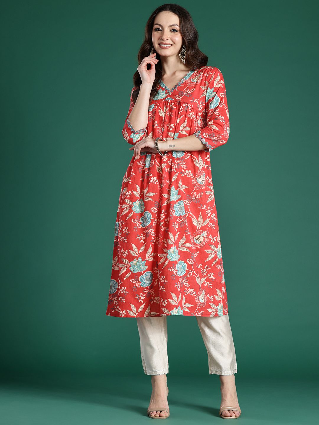 Indo Era Floral Printed Pure Cotton Kurta