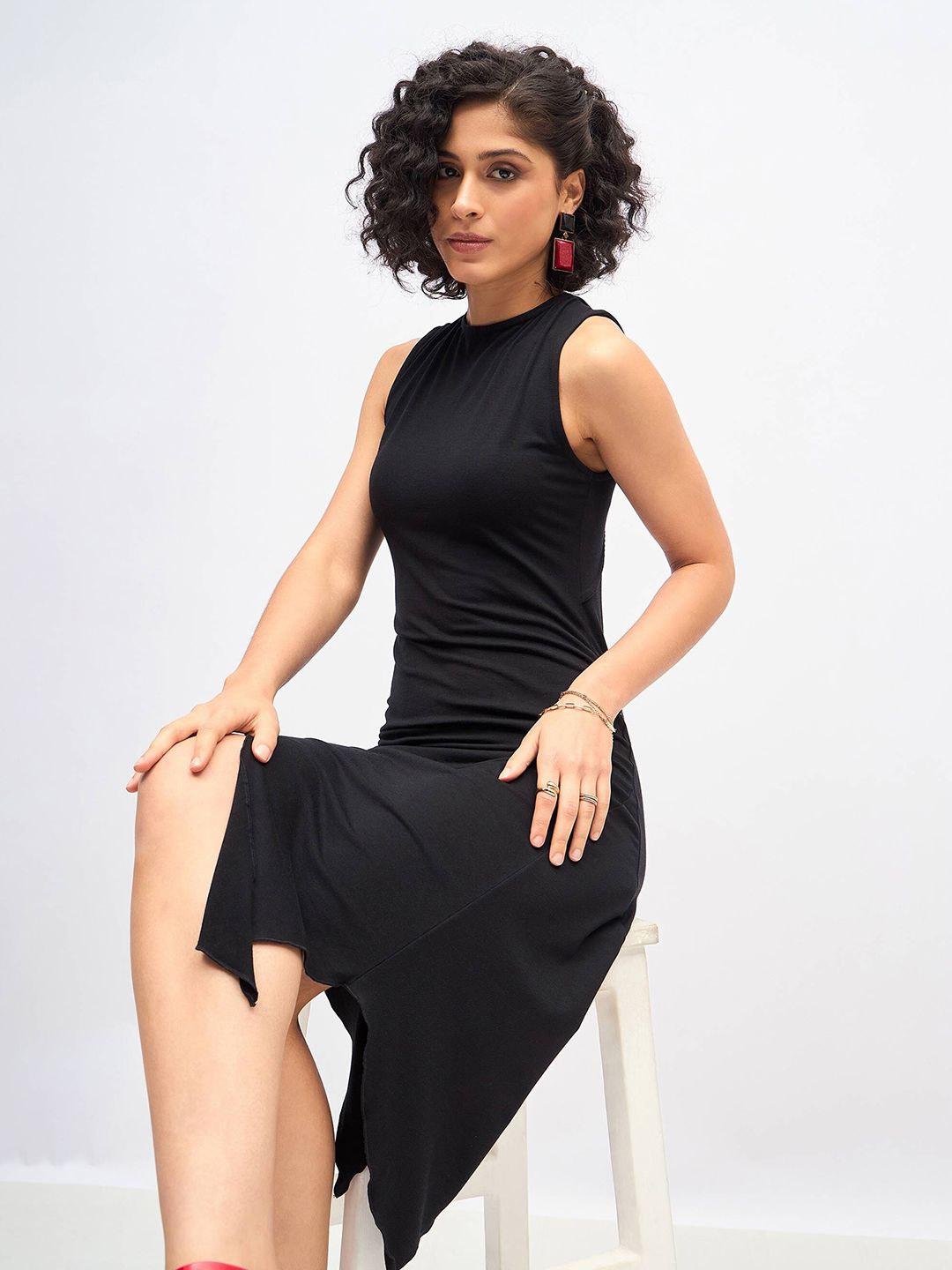 SASSAFRAS Black Asymmetric A-Line Midi Dress