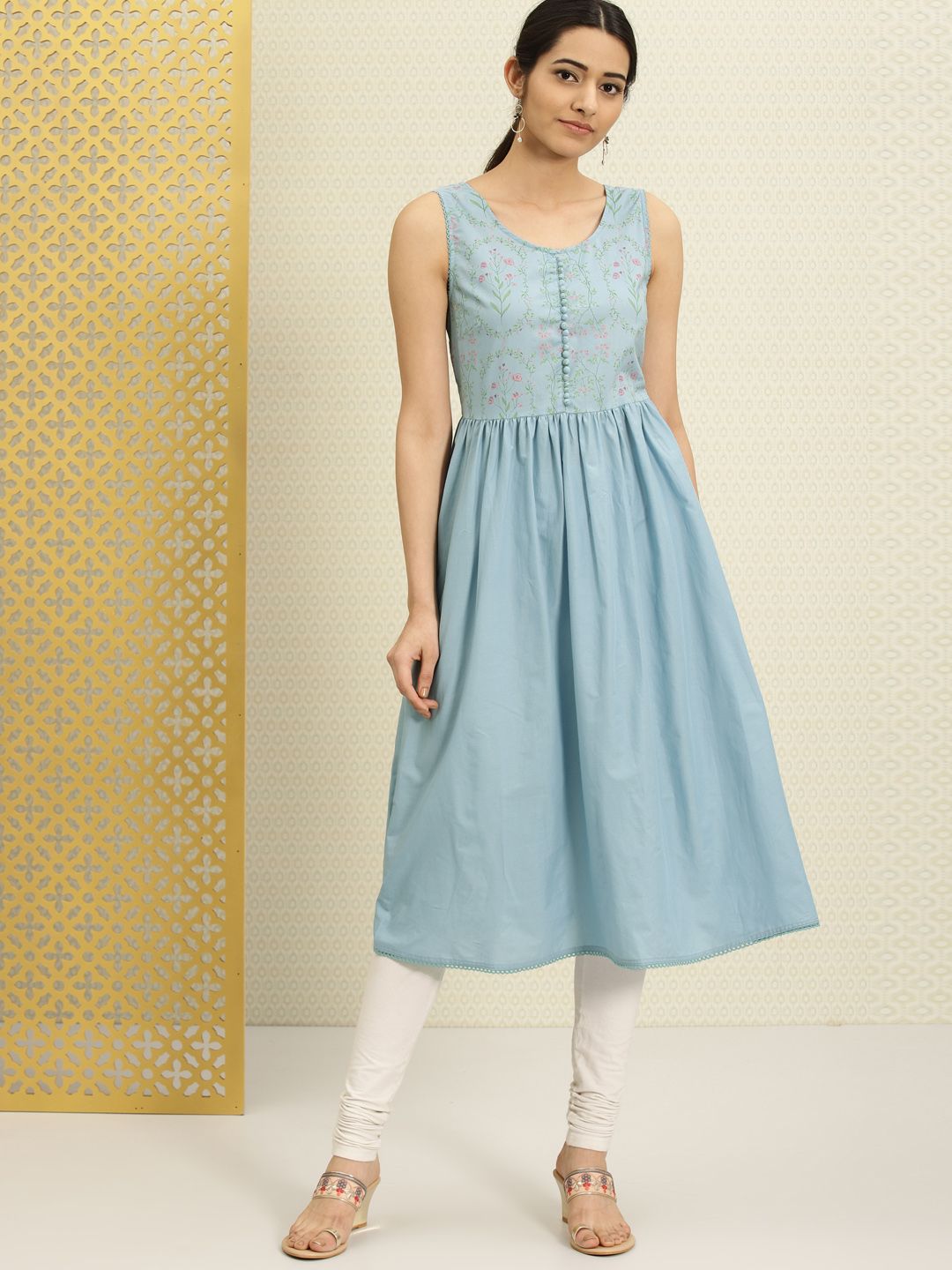 House of Pataudi Women Blue Floral Print A-Line Kurta