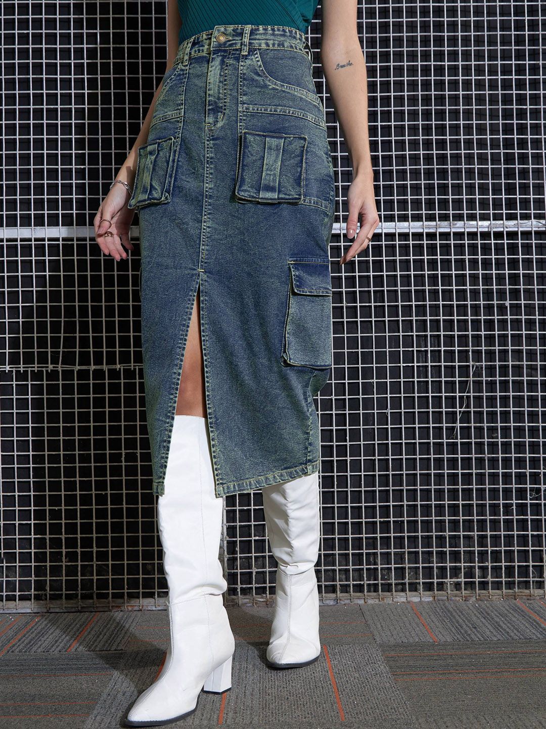 SASSAFRAS Green Washed Cargo Pencil Midi Denim Skirt