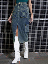 SASSAFRAS Green Washed Cargo Pencil Midi Denim Skirt