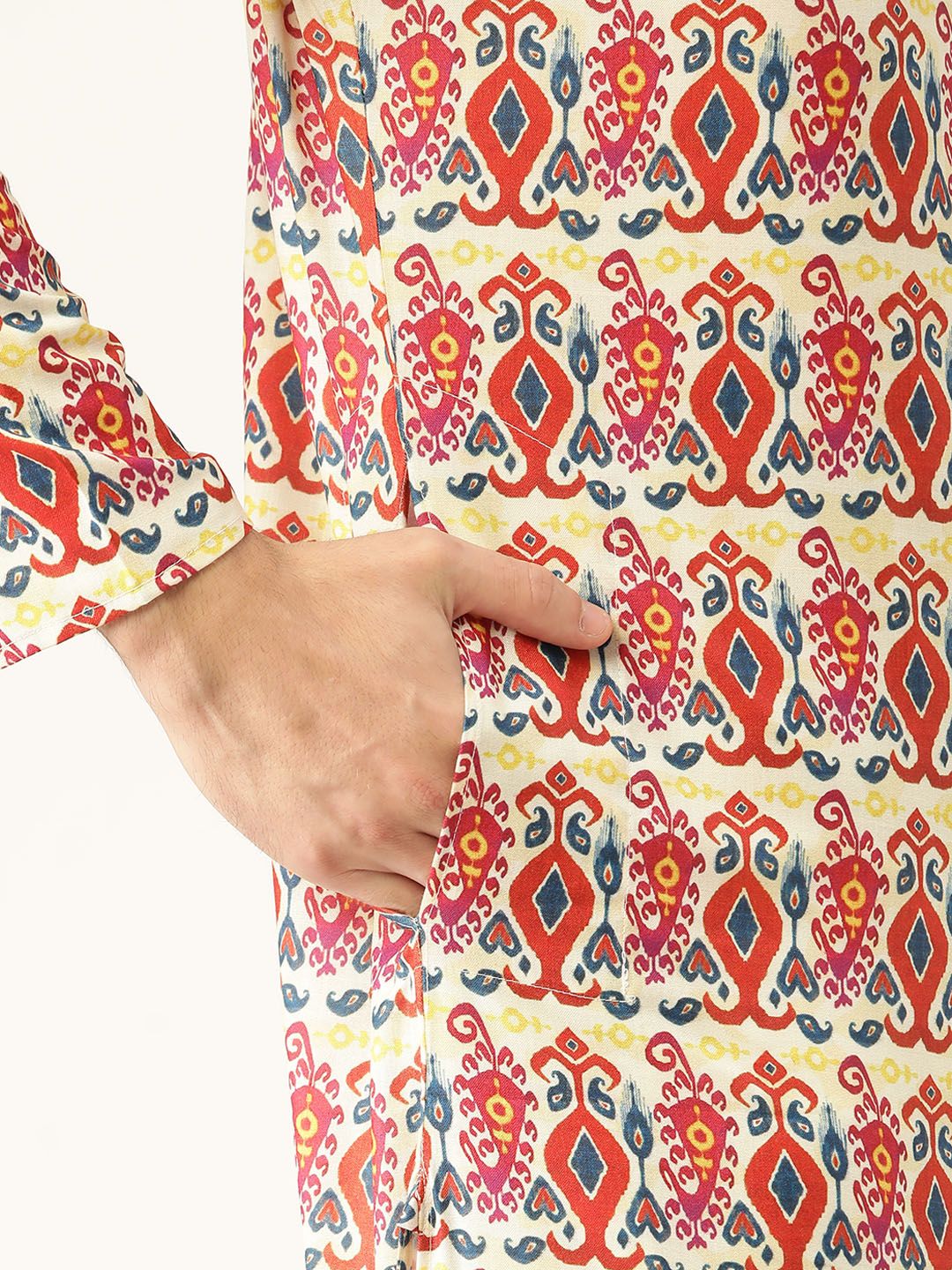 SOJANYA Lelaki Rust & Off-White Motif Etnik Cetak Kurta Lurus
