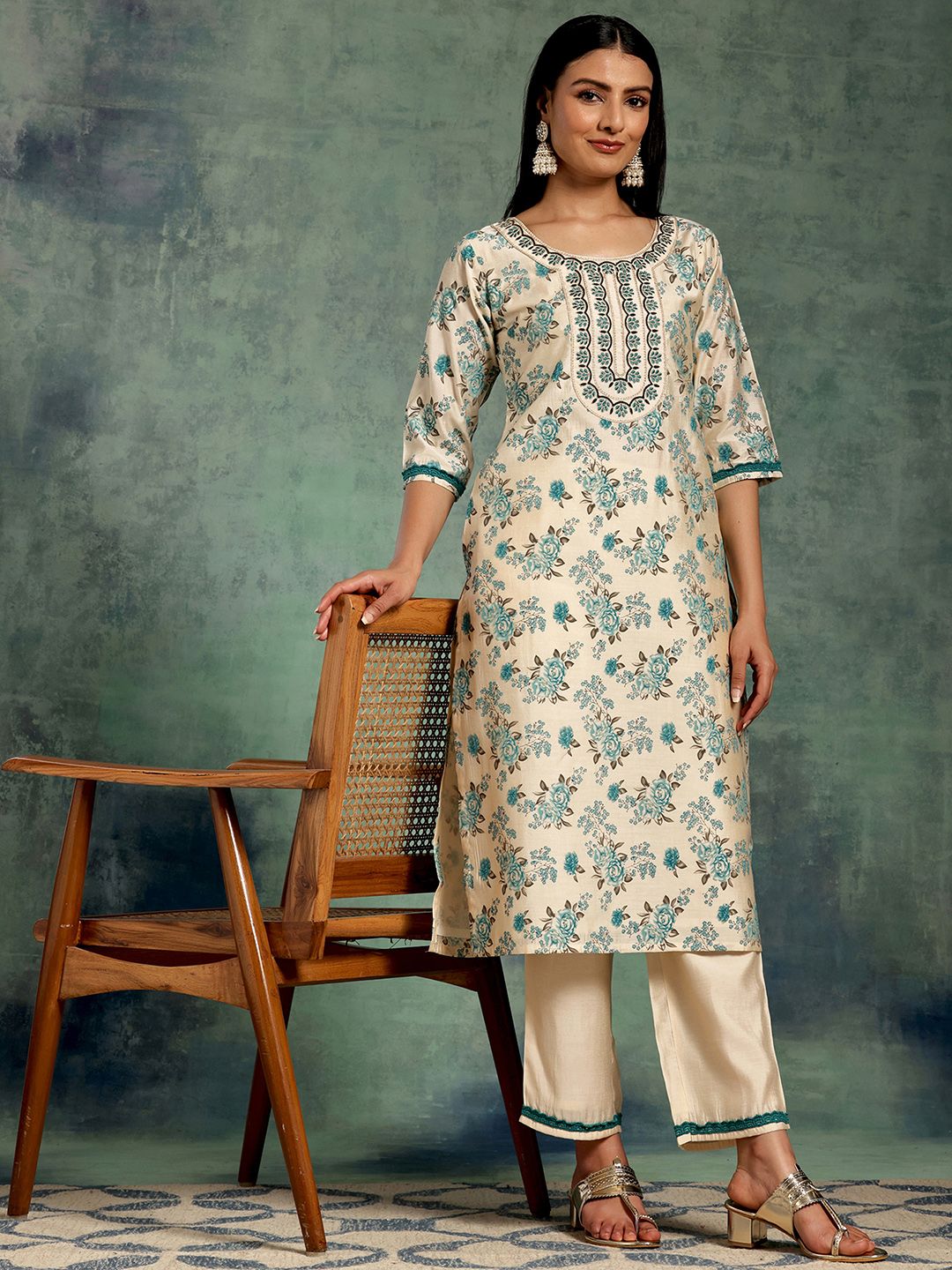 Libas Floral Printed Regular Chanderi Silk Kurta with Palazzos