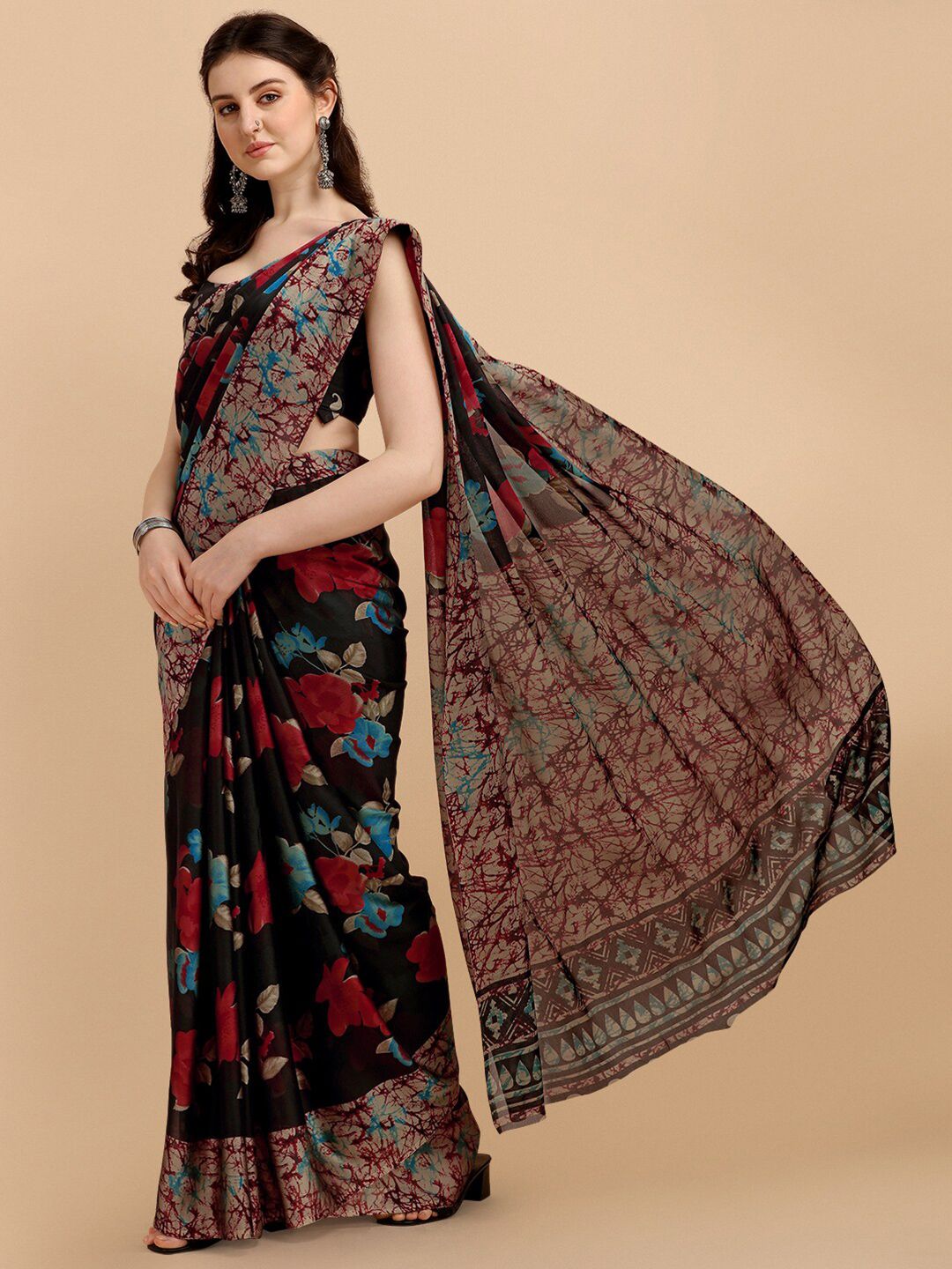 KALINI Black & Red Floral Printed Saree