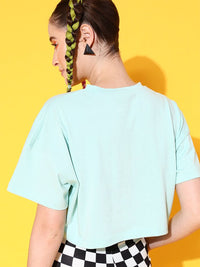 STREET 9 Women Sea Green Printed Cotton Drop-Shoulder Sleeves Bio Finish Oversized  T-shirt
