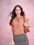 DressBerry Crinkled Effect Tie-Up Neck Flutter Sleeves Top with Ruffled Detail