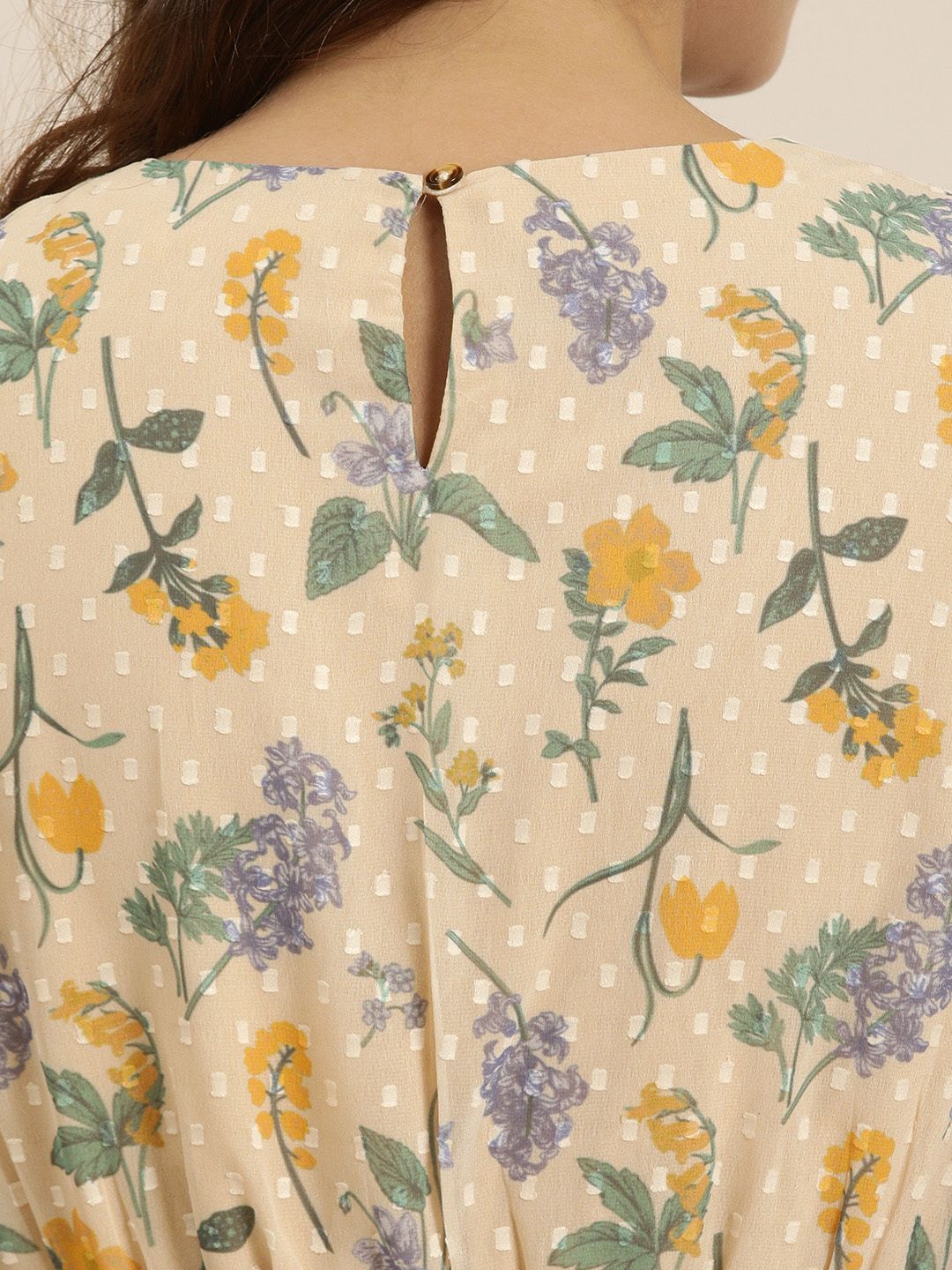 all about you Classy Beige Floral Printed Pure Cotton Waisted Dress