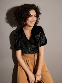 SASSAFRAS Black V-Neck Puff Sleeve Velvet Top