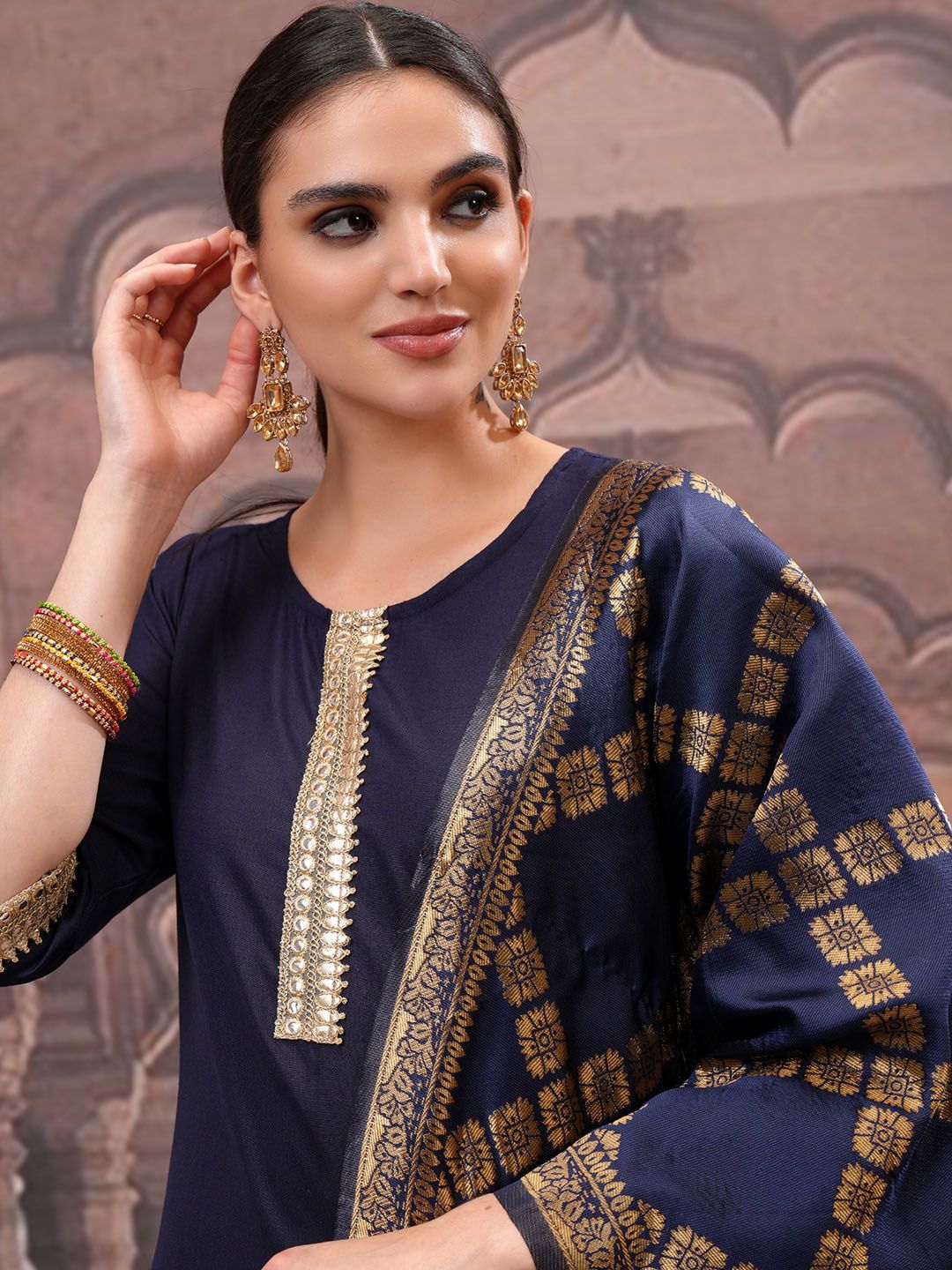 Vishudh Navy Blue Mirror Work Zari Straight Kurta with Palazzo & Dupatta