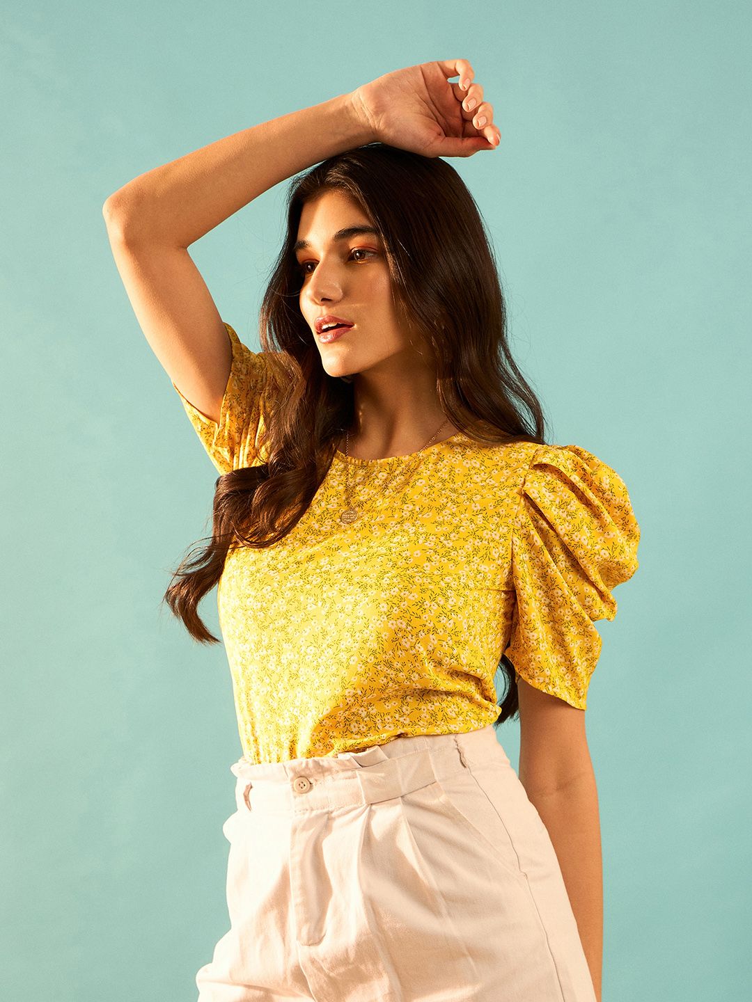 Berrylush Yellow Floral Print Puff Sleeve Top
