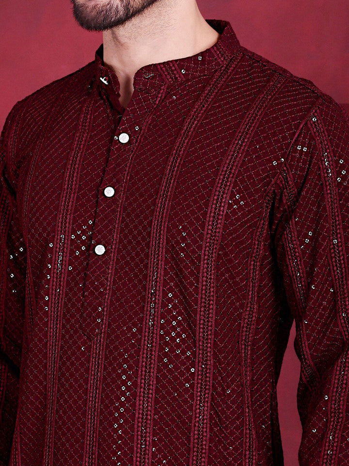 Jompers Geometric Embroidered Band Collar Chikankari Kurta