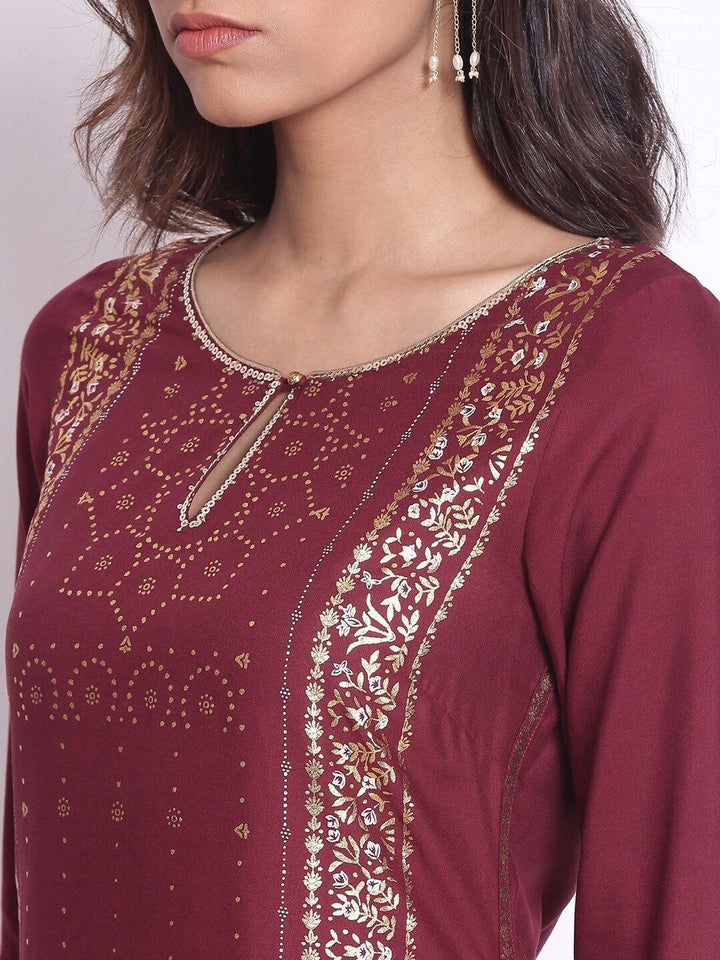 W Women Maroon Floral Printed Keyhole Neck Kurta