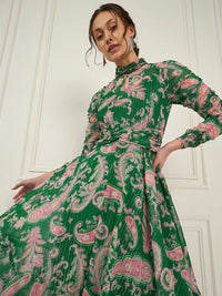 Antheaa Floral Printed Chiffon High Neck Fit & Flare Midi Dress