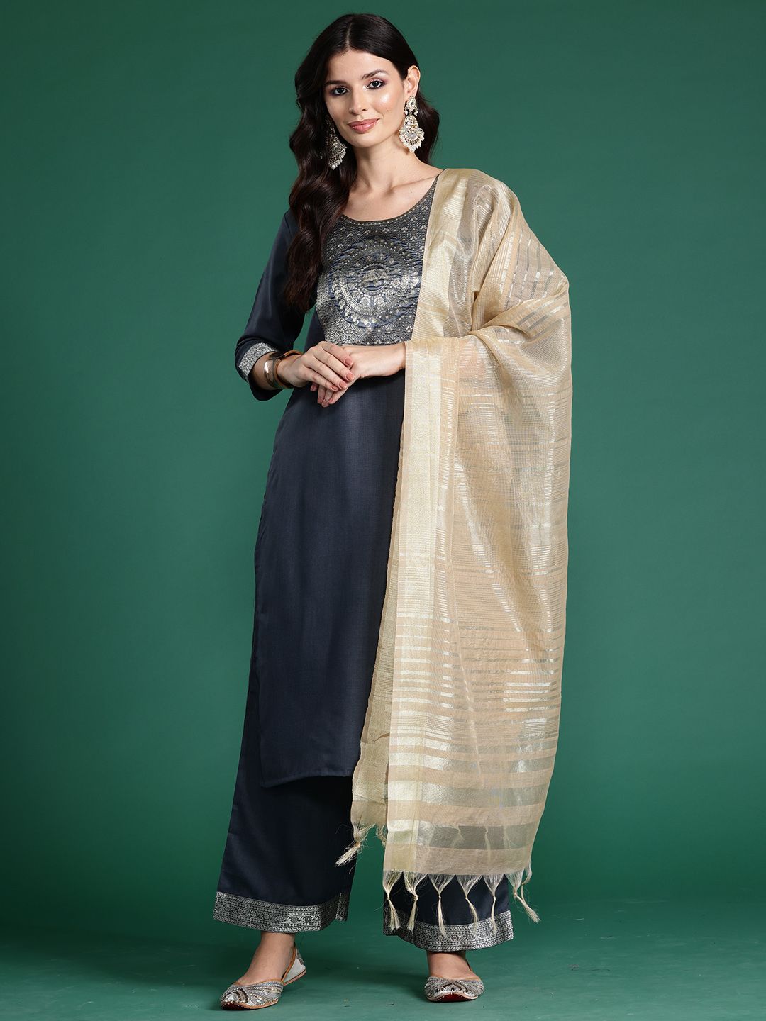 Indo Era Floral Printed Straight Kurta with Trouser And Dupatta