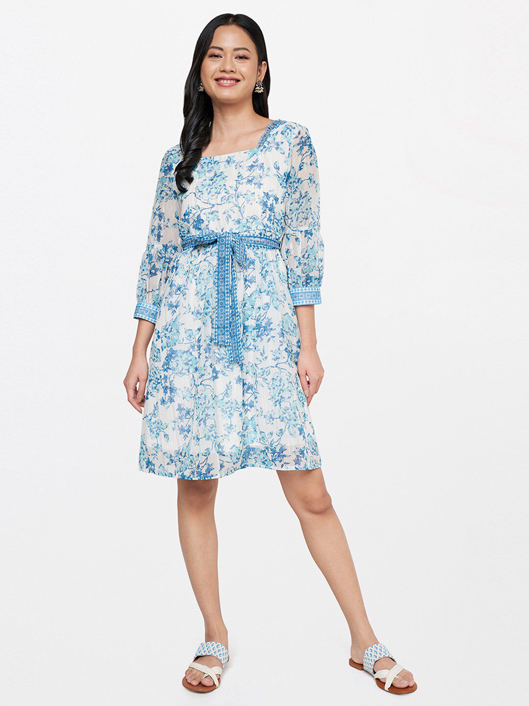Global Desi Blue & White Floral A- Line Dress