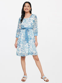 Global Desi Blue & White Floral A- Line Dress
