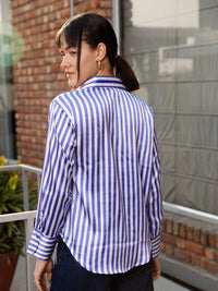 STREET 9 Blue & White Premium Opaque Striped Casual Shirt