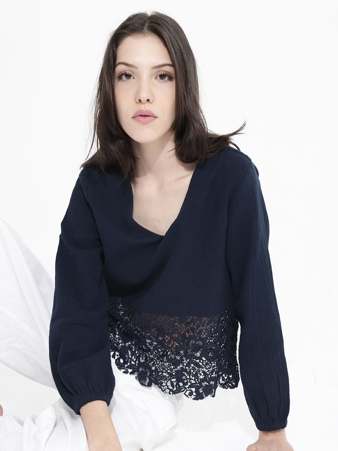 RAREISM Solid V-Neck Cotton Top