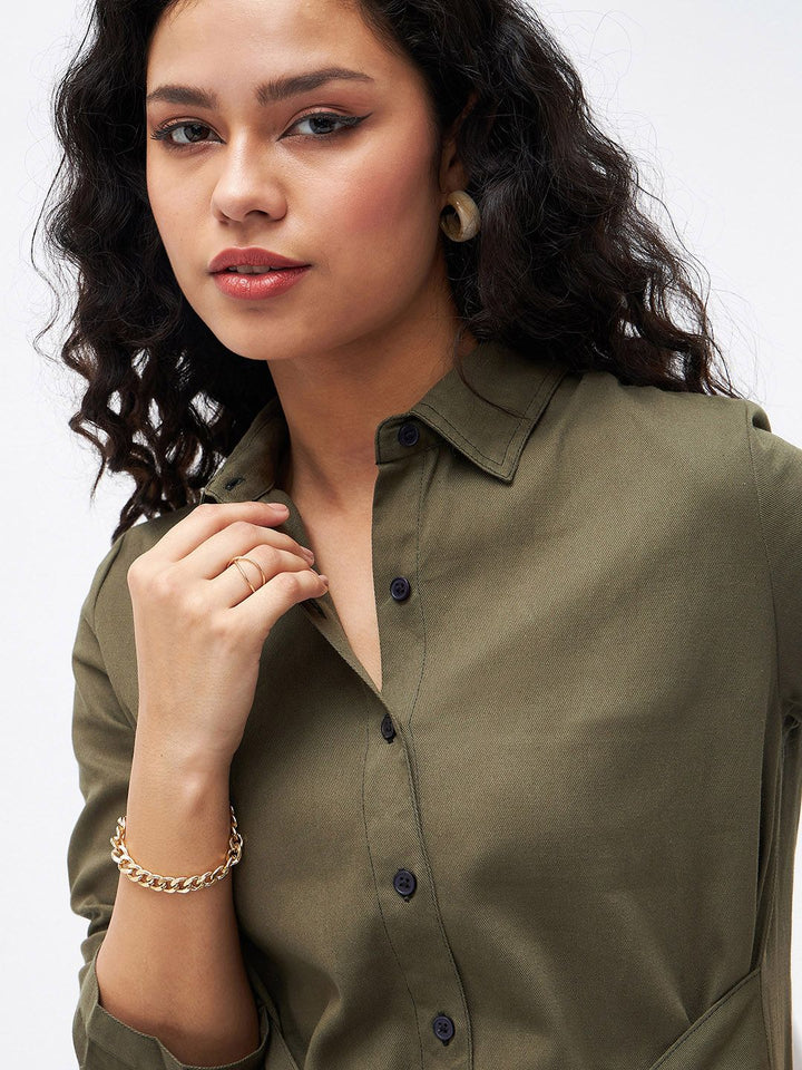 SASSAFRAS Women Olive Green Solid Shirt Dress With Waist Tie-Up Detail