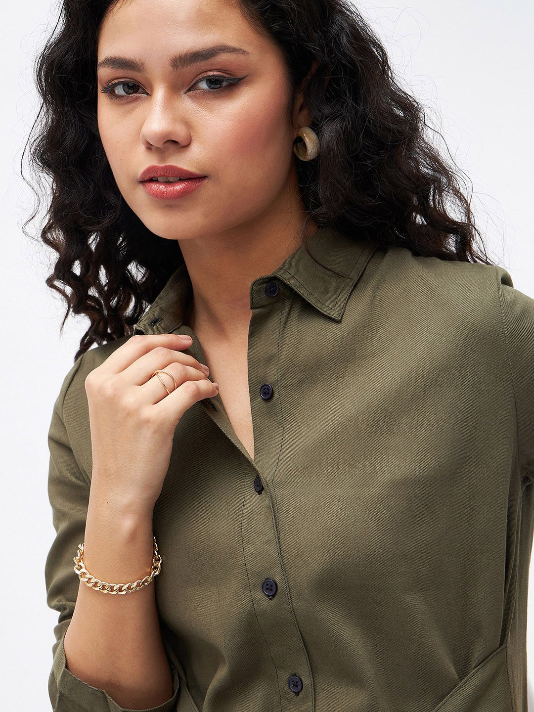 SASSAFRAS Women Olive Green Solid Shirt Dress With Waist Tie-Up Detail