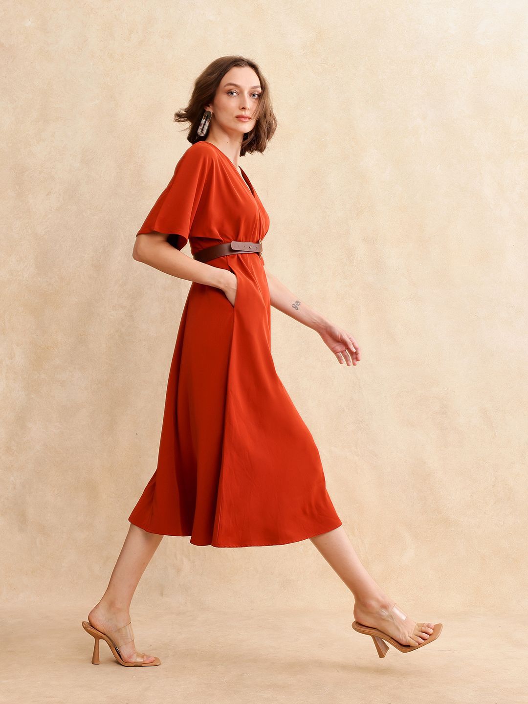 RAREISM Women V-Neck Fit & Flare Cotton Midi Dress