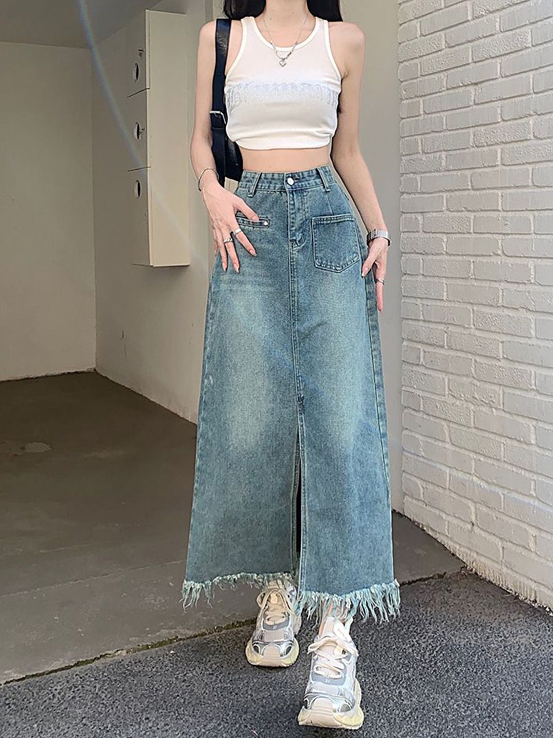 DressBerry Women Denim A-Line Maxi Skirt