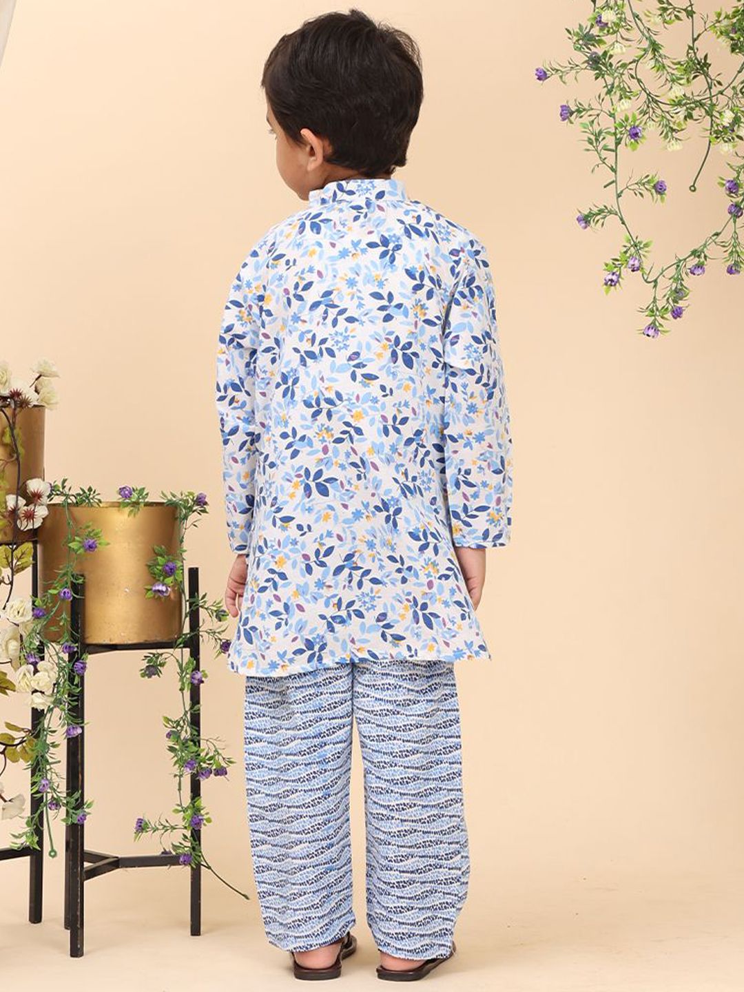 Cutiekins Boys Floral Printed Band Collar Straight Kurta With Trousers