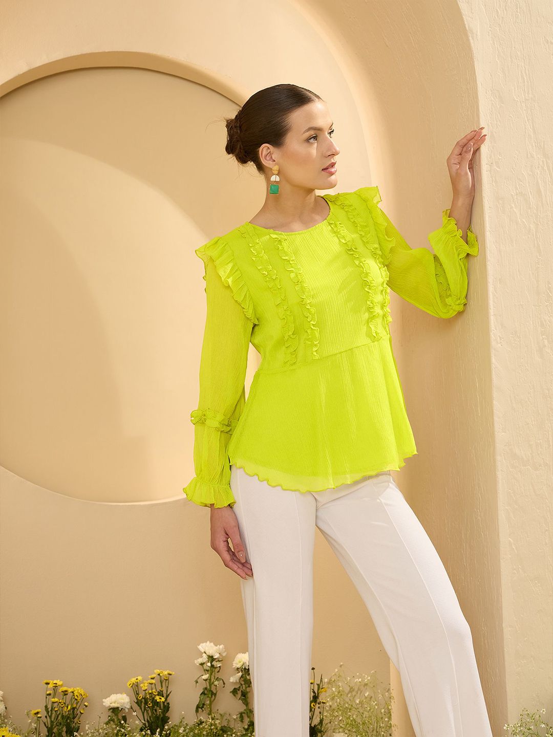 Antheaa Women Round Neck Chiffon Peplum Top