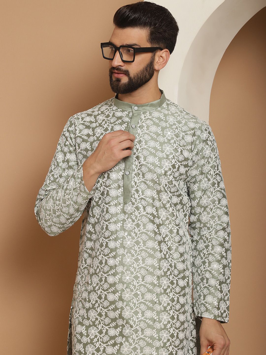 Anouk Men Green Ethnic Motifs Printed Thread Work Kurta