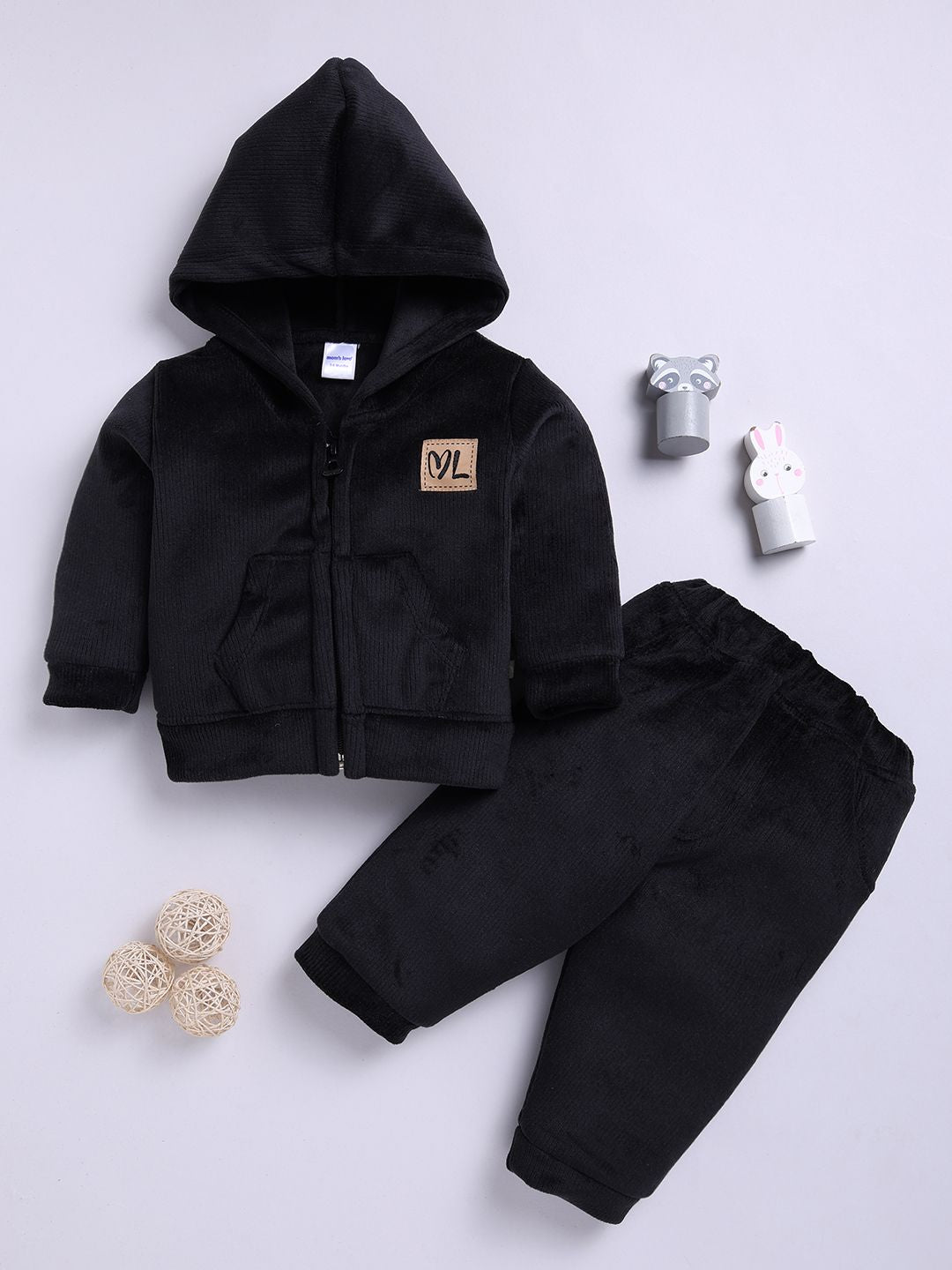 Moms Love Infant Boys Ribbed Velvet-Finish Pure Cotton Hooded Sweatshirt With Joggers