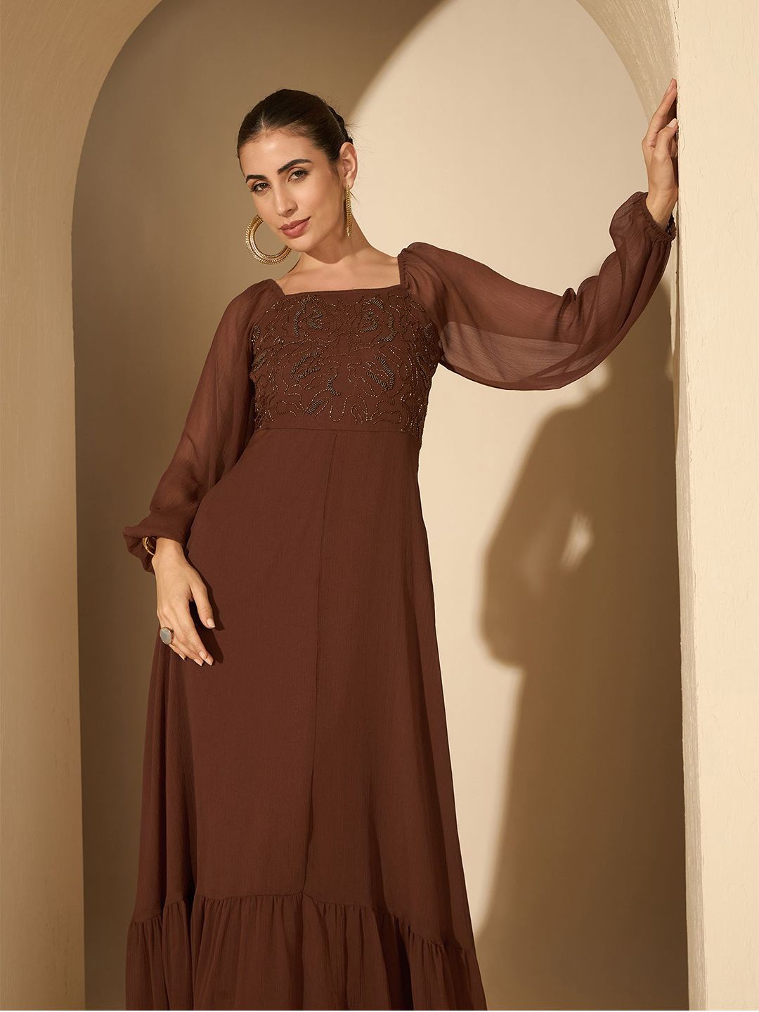 Antheaa Women Embellished Ruffles Maxi Dress