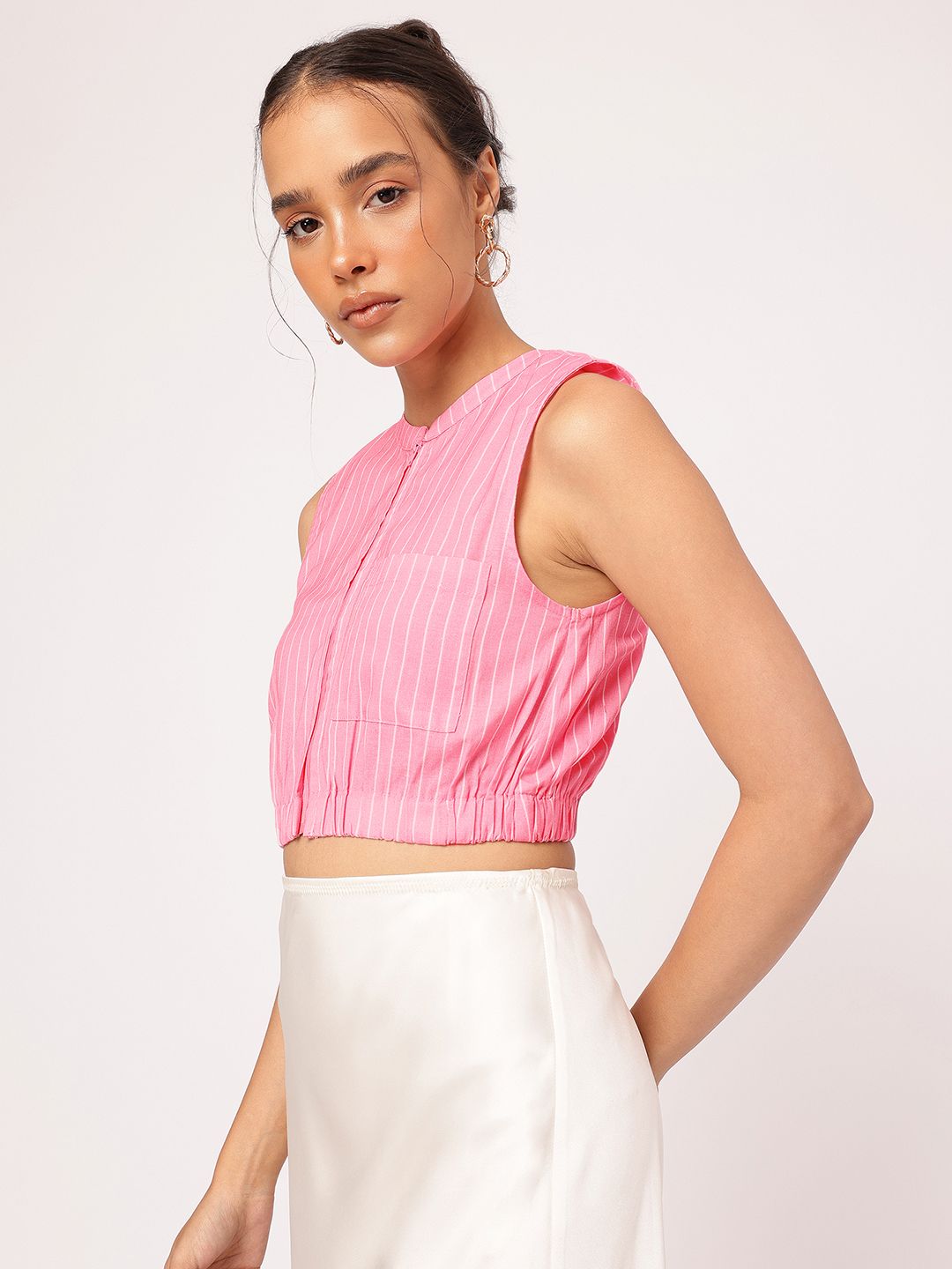 DressBerry Flamingo Flair Striped Cotton Linen Blouson Crop Top