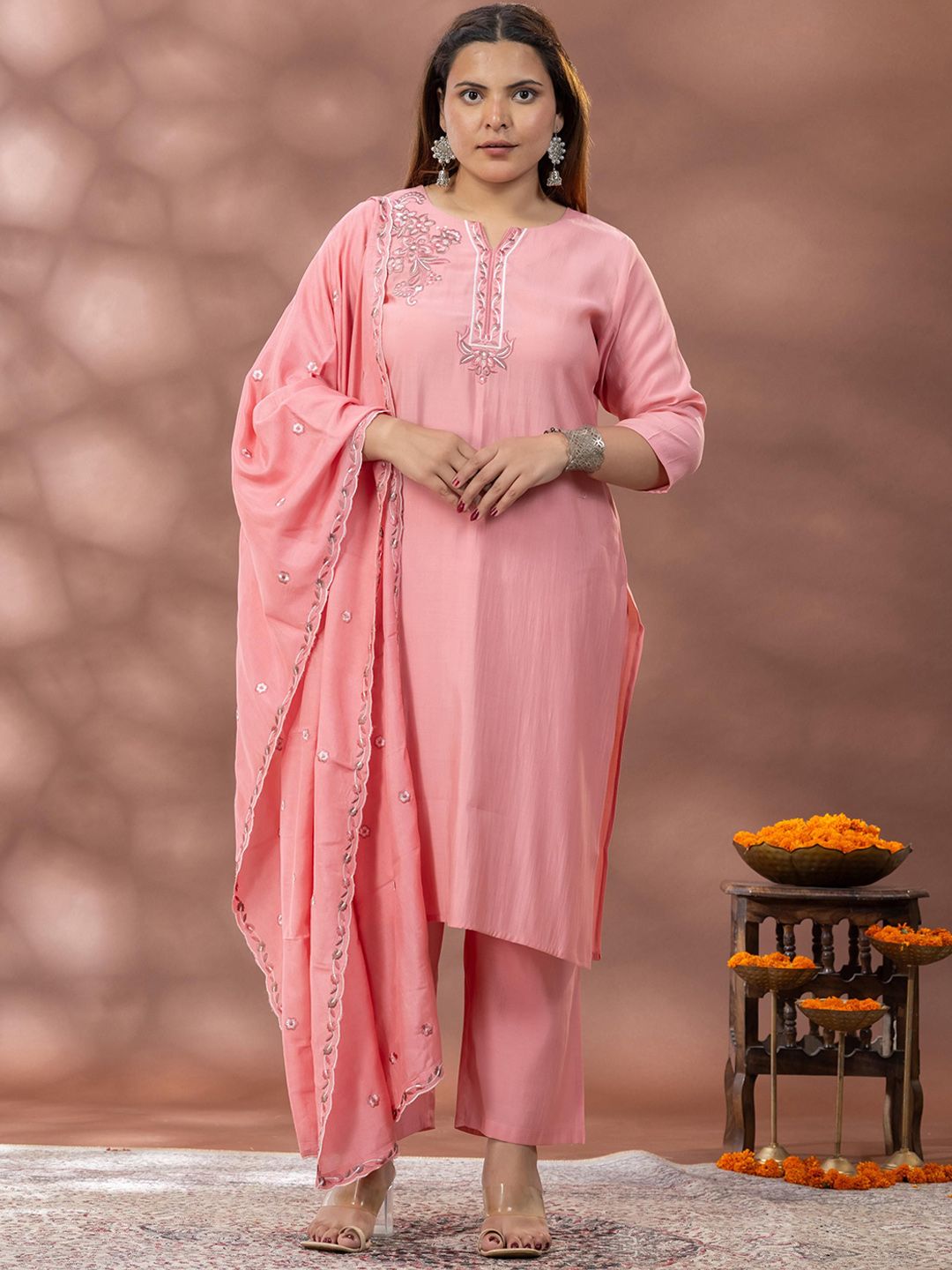 Mamicha Floral Embroidered Kurta With Palazzos & Dupatta