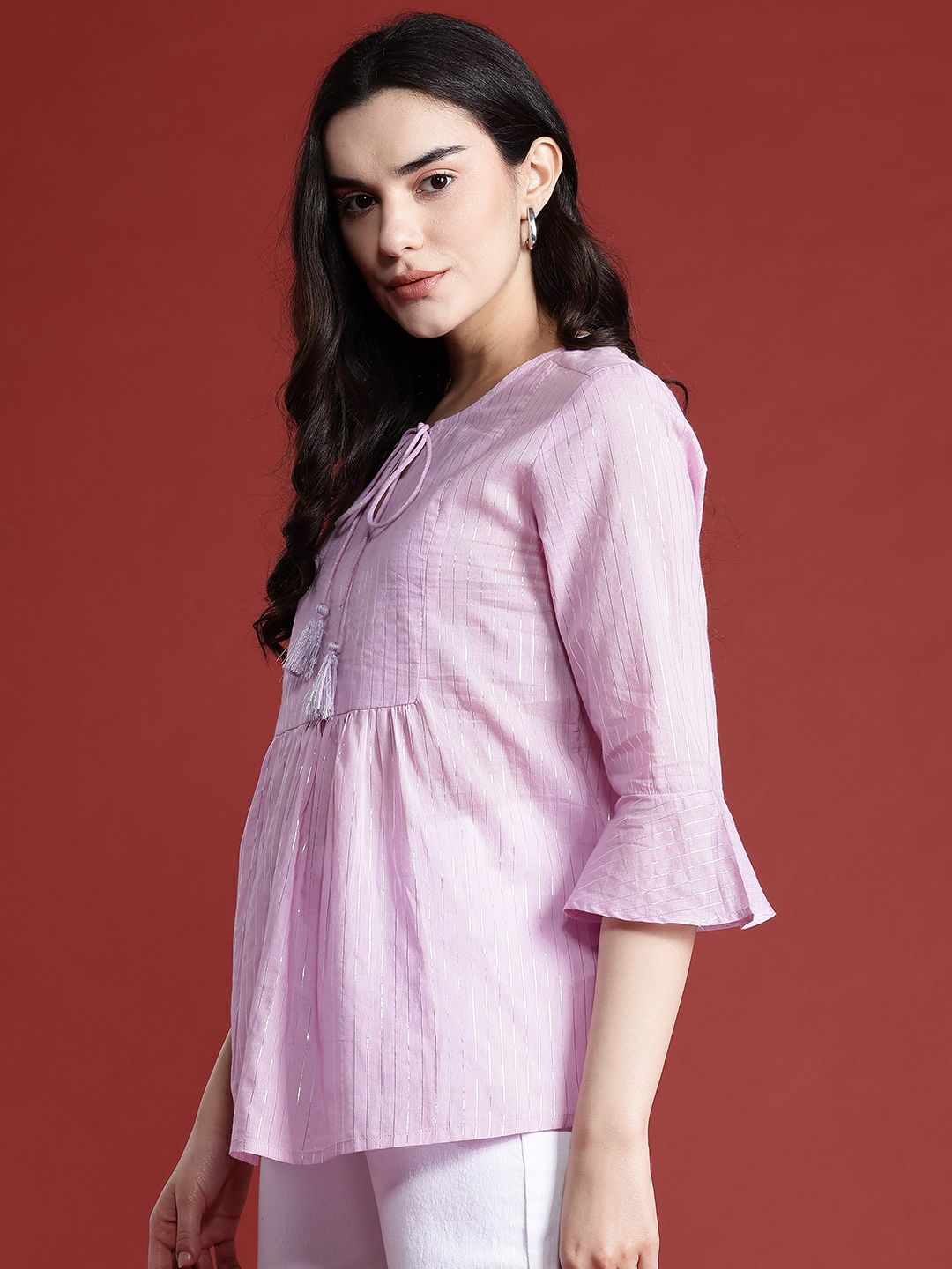 all about you Striped Tie-Up Neck Bell Sleeves Top