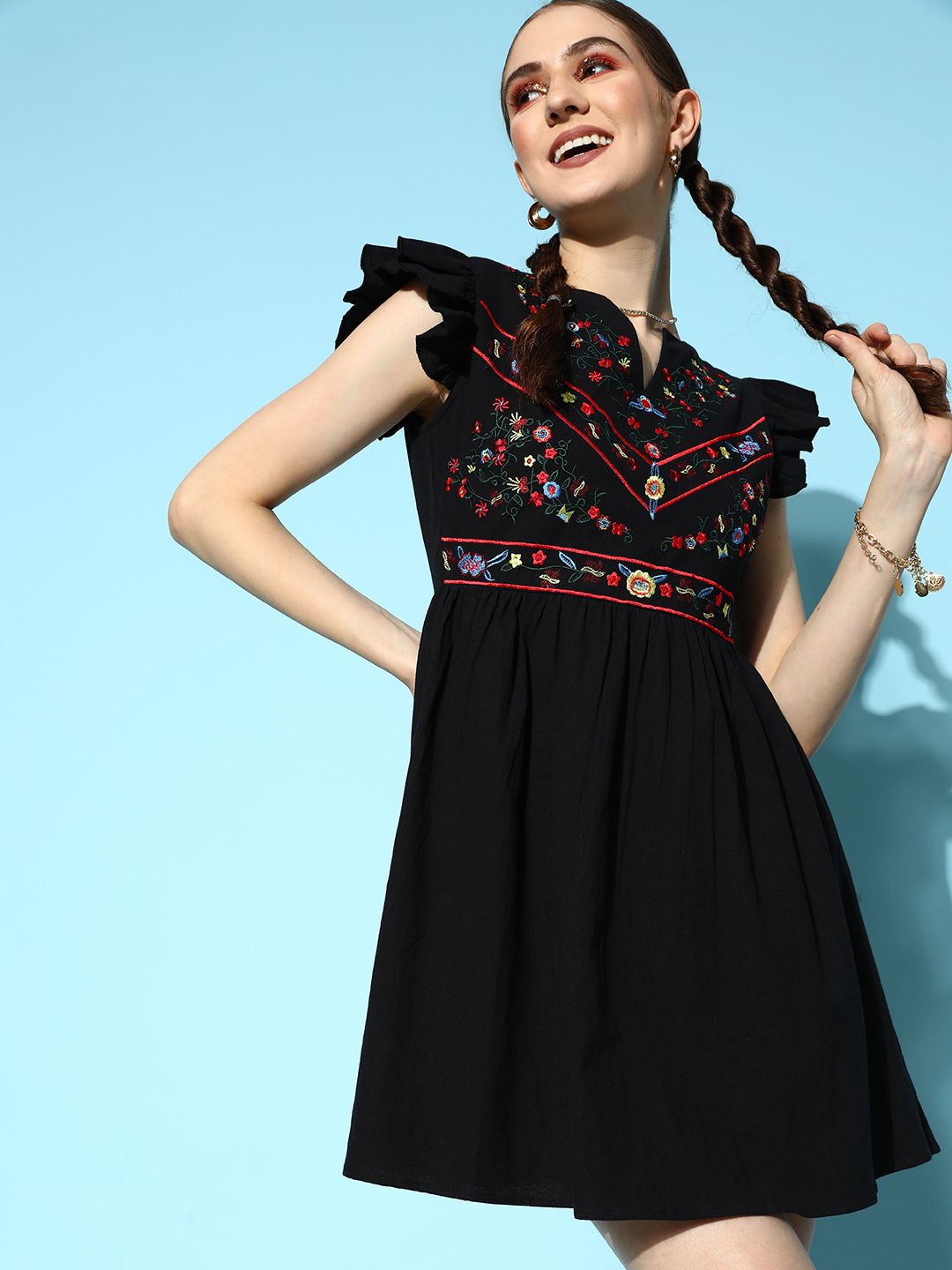 Berrylush Black Floral Embroidered Mini Dress