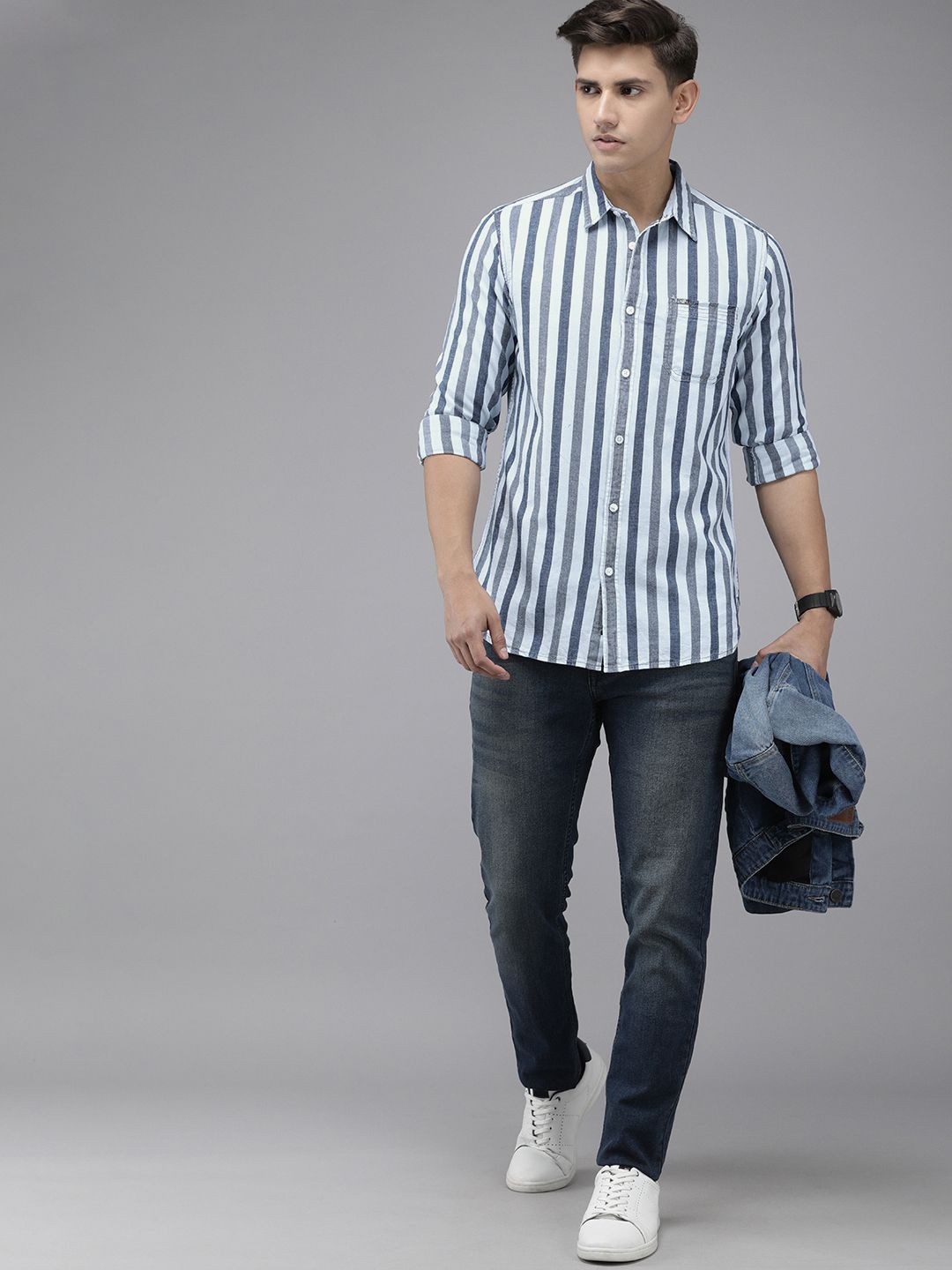 THE BEAR HOUSE Men Blue Slim Fit Cotton Striped Casual Shirt