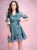 DressBerry Geometric Self-Design Puff Sleeves Party Fit & Flare Dress with Belt