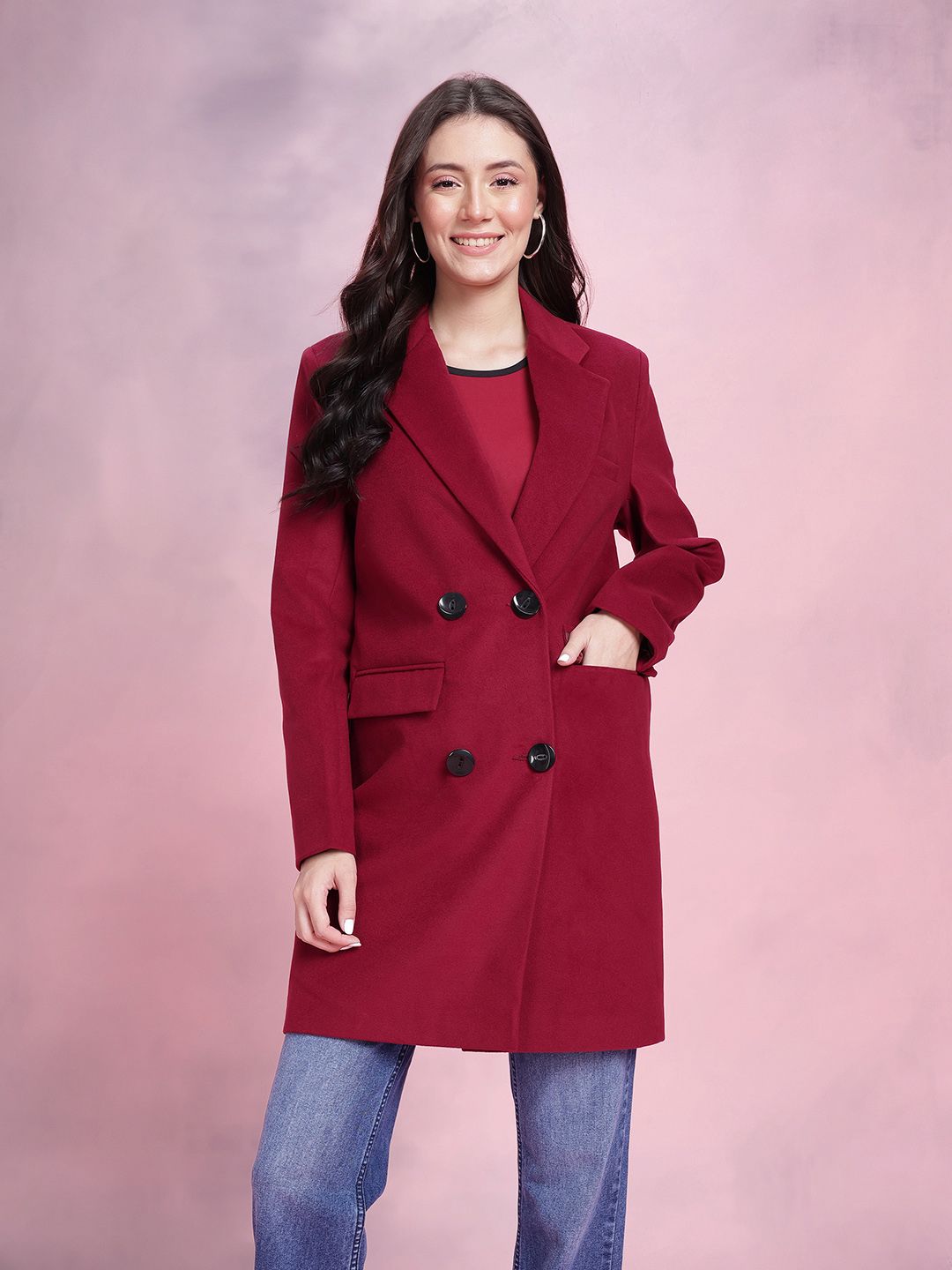 DressBerry Notched Lapel Collar Double Breasted Overcoat
