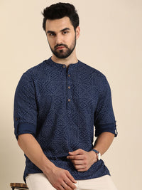 Anouk Men Geometric Printed Cotton Indigo Short Kurta